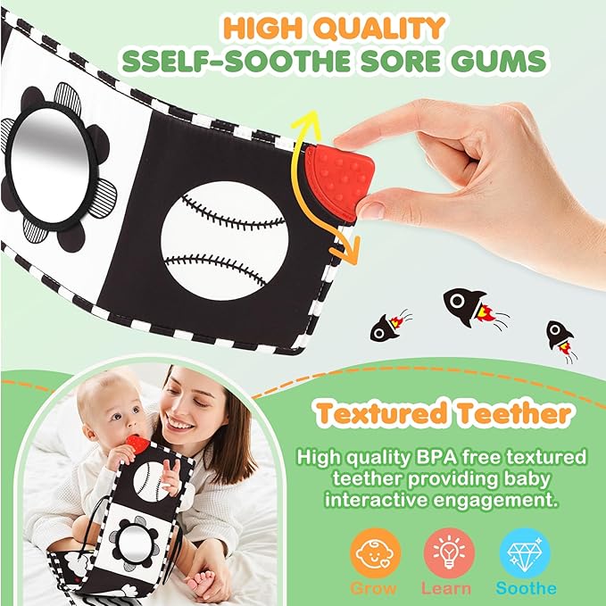 BBWOO High Contrast Baby Toys for Newborn, Tummy Time Mirror, Black and White Baby Toy for 0-6 Months, Soft Montessori Visual Stimulation Infant Book, Boy Girl Shower Gift, Easter Basket Stuffers