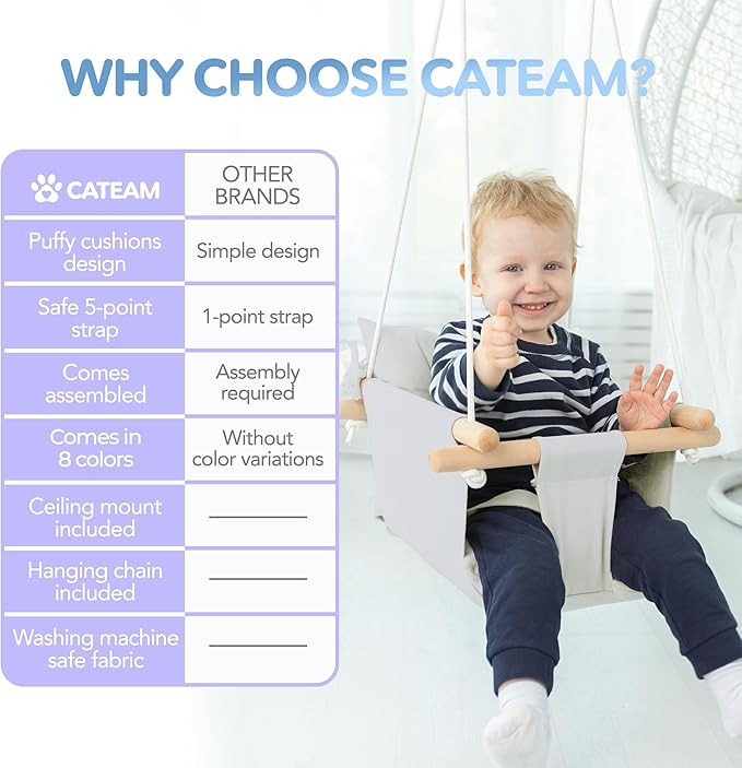 CaTeam - Canvas Baby Swing, Wooden Hanging Swing Seat Chair with Safety Belt, Durable Baby Swing Chair, Outdoor and Indoor Swing for Kids, Mounting Hardware Included, Gray