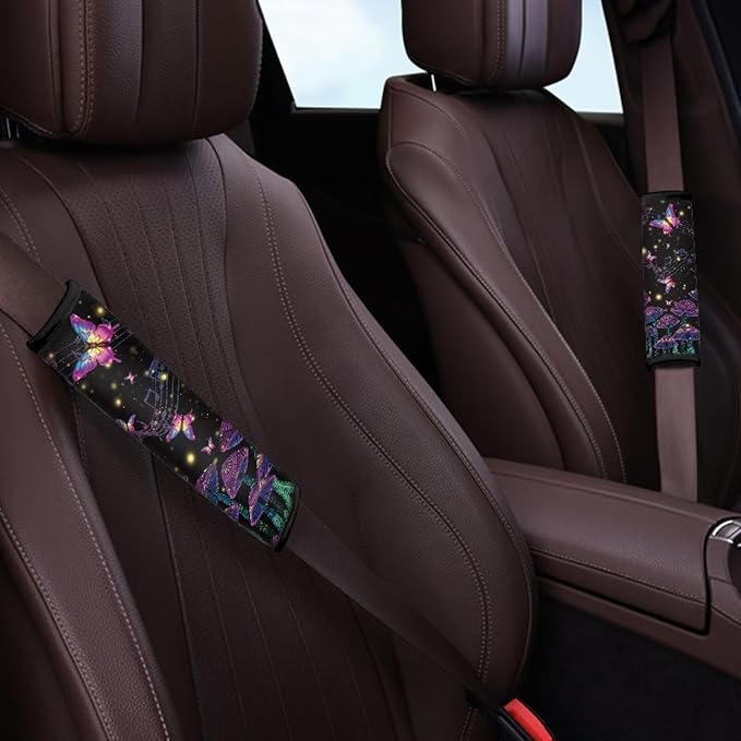 UNICEU Mushroom Butterfly Print Auto Seat Belt Cover Shoulder Pad for Most Vehicle SUV Truck 2Piece Set Car Accessory for Women