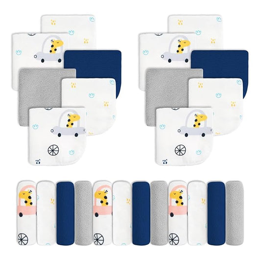 Viviland Baby Washcloths, Super Soft Baby Bath Towels for Newborn 24 Pack, Absorbent Face & Body Wash Cloth for Baby Girl, Blue-Giraffe Pattern, 9 x 9 inch