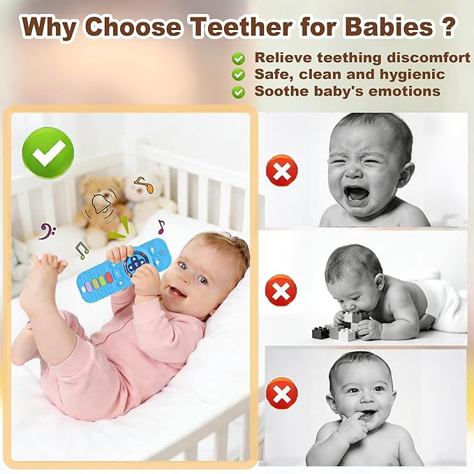 HAILI XMGQ Teething Toys for Baby, Sensory Baby Chew Toy, Rattle Ring Teether Toys for Babies 0-3-6-12 Months, Silicone TV Remote Control Shape for New Baby Gift (Blue)