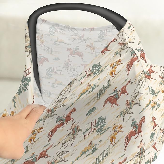Vintage Western Cowboy Baby Car Seat Covers Retro Cowboy Horse Plant Stretchy 5-in-1 Cover Adjustable Infant Carseat Canopy Cover Wild Desert Country Breathable Nursing Cover-Up