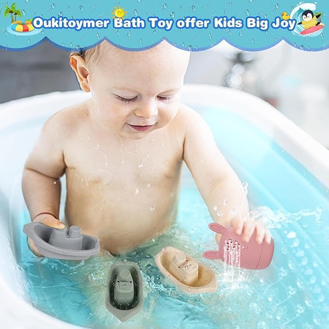 Baby Bath Toys Stackable Boats with Soft Silicone Squirt Water Animal Toys, 9 Pcs Floating Stacking Boat Bathtub Shower Pool Beach Toys for Toddler Kids 1-3