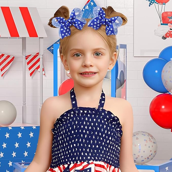 YanJie 4th of July 3'' Bow Hair Clips 4pcs Red Blue Ribbon Star Baby Girl Clips American Flag Clips Patriotic Hairpins Girls Hair Accessories