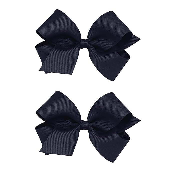 Wee Ones Girls 2 Pack Grosgrain Hair Bows with Plain Wrap Centre on a Wee Stay No Slip Clip, Medium, Navy