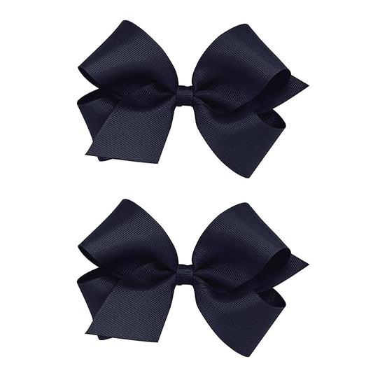 Wee Ones Girls 2 Pack Grosgrain Hair Bows with Plain Wrap Centre on a Wee Stay No Slip Clip, Medium, Navy