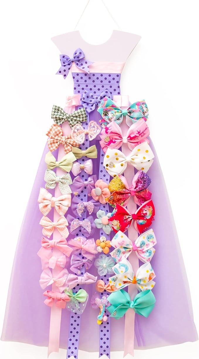 Bow Holder for Girls Hair Bows, Purple Princess Dress Hairbow Organizer, Wall Hanger Bow Rack Organizer for Girls Baby Room