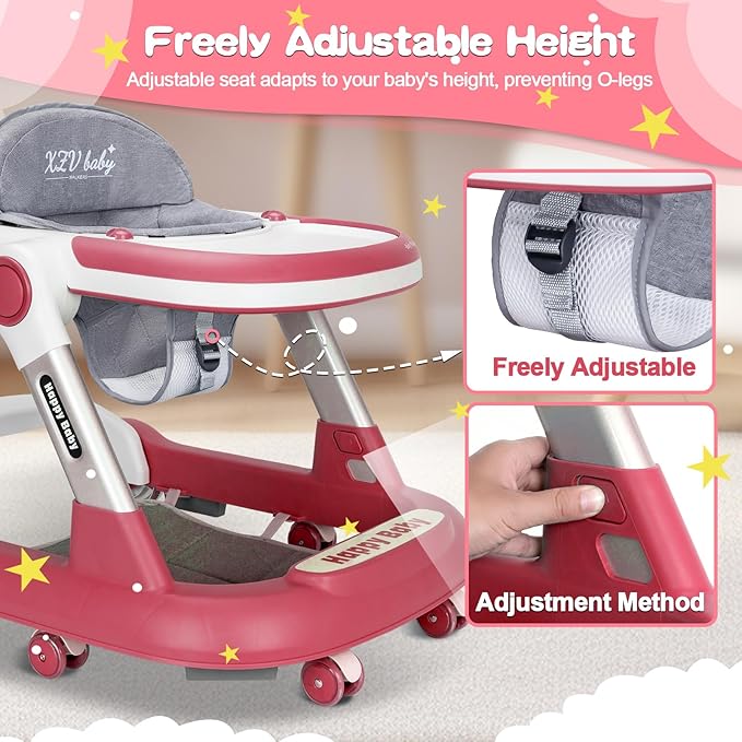 Baby Walker with Wheels 5 in 1 Foldable Activity Center with Mute Wheels Adjustable Heights Anti-Fall Push Walkers for Boys Girls Safe Infant Toddler Walker with Footrest for 6-24 Months