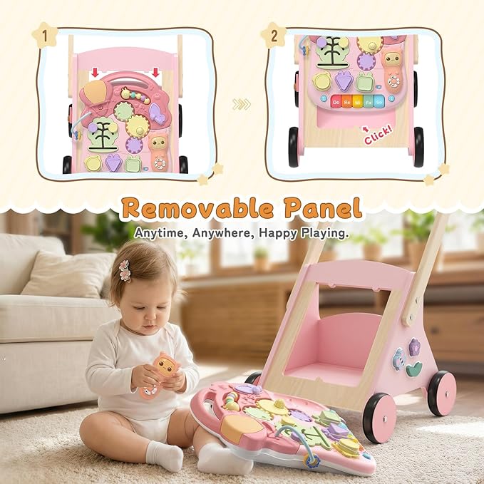 Wiqins Wooden Baby Push Walker, 10-in-1 Baby Walker Toys with Wheels for Toddlers 18 Months, Detachable Montessori Activity Board Toy & Storage for 1 Year Old Boys Girls Learning to Walk
