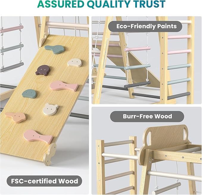 BlueWood Upgraded Indoor Jungle Gym 9-in-1 Playground Kids Climbing Toys, Waldorf Style Wooden Climber Playset with Slide, Swing, Monkey Bars, Upright/Rope Ladder, Climb Net, Pink