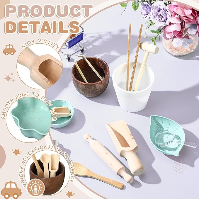 14pcs Sensory Bin Tool Sensory Tools for Boys and Girls Fine Motor Skill Toys Wooden Tong Spoons Bowls Plate Hammer Magnifying Glass and Rolling Pin for Transfer Work and Fine Motor Learning