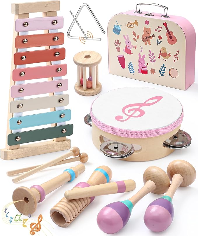 Toyssa Baby Musical Instruments, Montessori Wooden Musical Toys for Toddlers 2-3 with Xylophone Maracas Tambourine and Gift Box Kids Preschool Educational Birthday Gifts for 2 3 4 5 Year Old