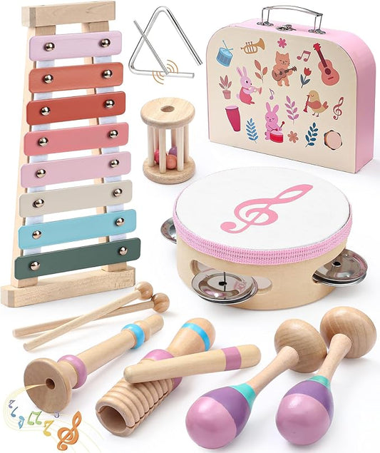 Toyssa Baby Musical Instruments, Montessori Wooden Musical Toys for Toddlers 2-3 with Xylophone Maracas Tambourine and Gift Box Kids Preschool Educational Birthday Gifts for 2 3 4 5 Year Old