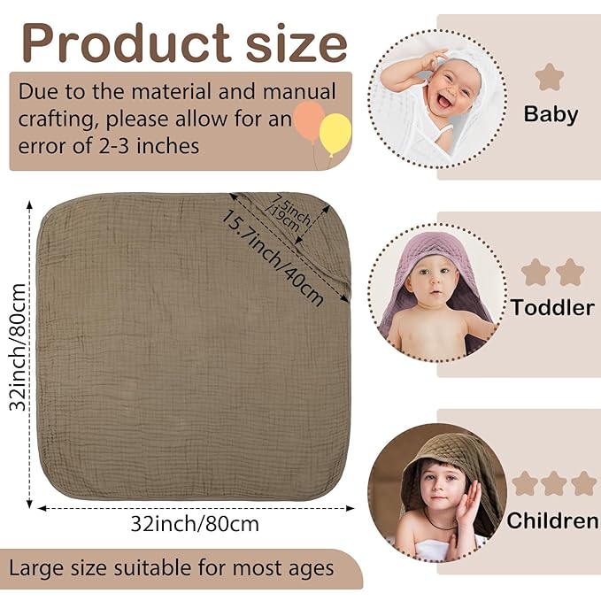 Peryiter 4 Pcs Muslin Hooded Baby Towels 32 x 32 Inch Cotton Newborn Bath Essentials Muslin Infant Blankets Absorbent Registry Gifts for Girl Boy Kids Baby Shower (Coffee)
