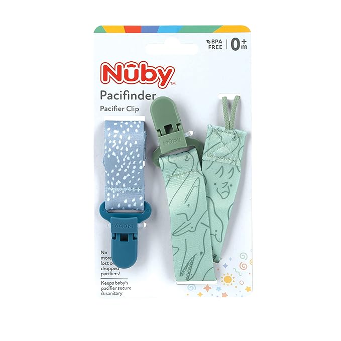 Nuby Pacifinder Baby Pacifier Clip Pacifier Holder Clip with Convenient Hook Loop - Blue Dots and Green Dino 2 Count (Pack of 12)