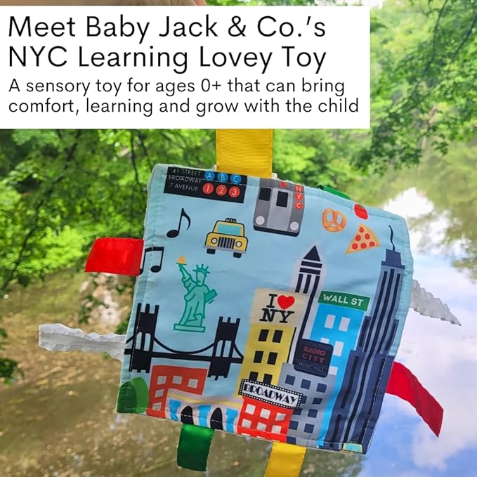 Baby Jack & Co 8x8” Learning Lovey NYC New York Tag Toys for Babies - Baby Crinkle Toys - Soft & Safe - Learn USA Cities and Shapes - Ideal Baby Toy & Gift BPA Free w/Stroller Clip