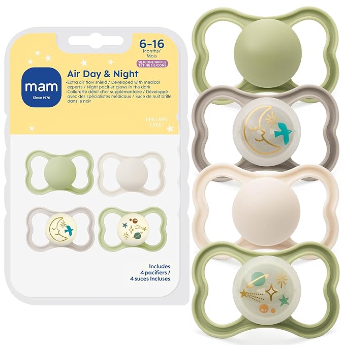 MAM Air Pacifier for Babies 6-16 Months, Extra Air Flow for Sensitive Skin, Glows in The Dark, Developed with Medical Experts, BPA-Free Skin Soft Silicone, 4 Count, Made in Europe