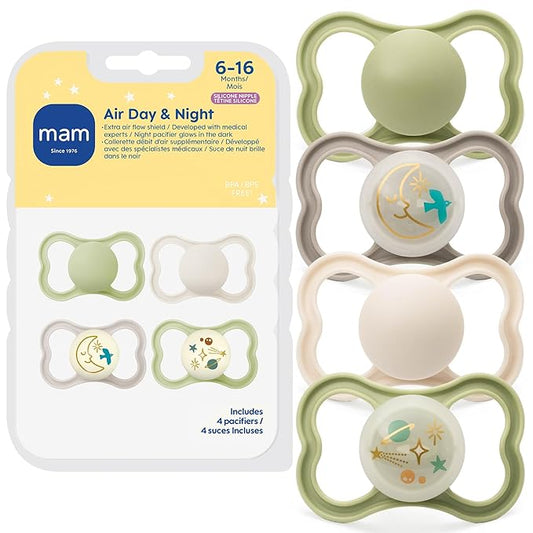 MAM Air Pacifier for Babies 6-16 Months, Extra Air Flow for Sensitive Skin, Glows in The Dark, Developed with Medical Experts, BPA-Free Skin Soft Silicone, 4 Count, Made in Europe
