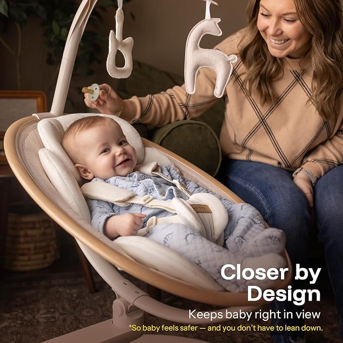 HARPPA Weddell Signature Electric Baby Swings for Infants and Newborns, Eye-Level Baby Swing 5 Speeds and Remote Control 10 Built-in Melodies, 2 Seat Positions & 180° Rotation for Indoor Use,Warm Sand