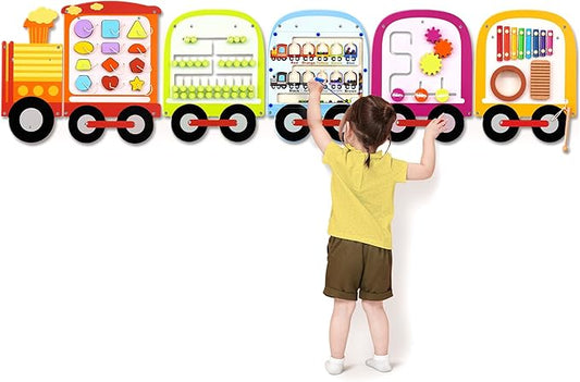 Joyreal Train Activity Wall Busy Board Panels - 8-in-1 Toddler Learning Activity Center - Wooden Montessori Sensory Toys for Playroom, Daycare, Classroom - Educational Toy for All-Round Development