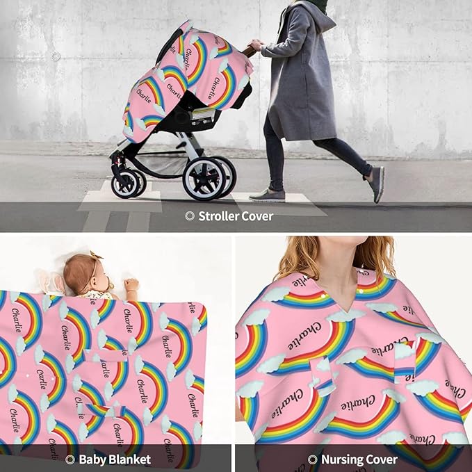 Personalized Colorful Rainbow Pink Baby Infant Car Seats Canopy for Babies with Name, Custom Car Seat Covers for Baby Girls, Peekaboo Minky Nursing Breastfeeding Stroller Canopies for Newborn