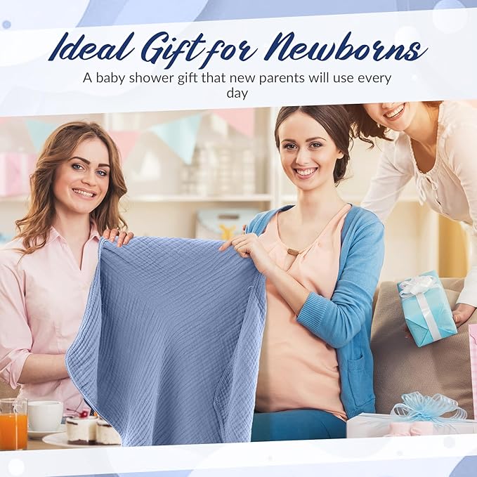 Hahafelt 6 Pcs Muslin Hooded Bath Towels Washcloths and Bibs Set, Muslin Cotton Baby Towels Absorbent Hooded Blanket Towel Infant Bibs for Boys Girls Newborn Infant Essential(Dark Blue, Light Blue)