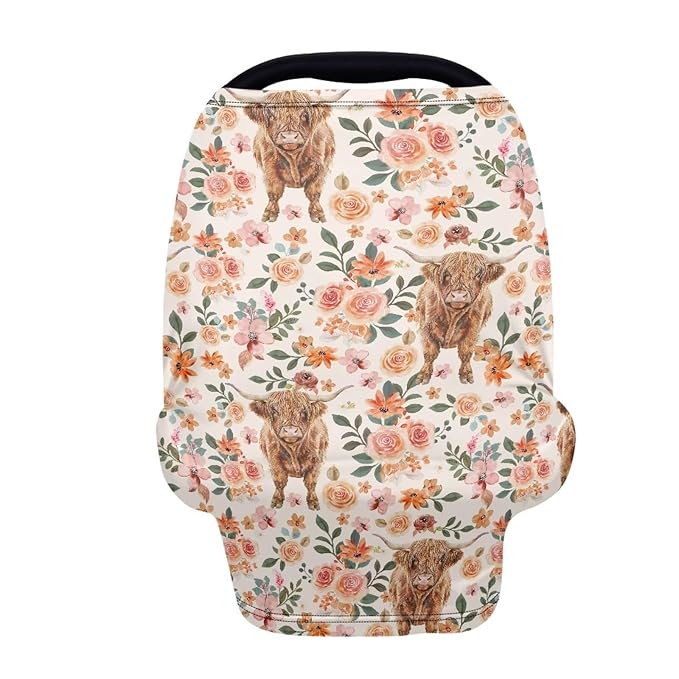 AFPANQZ Highland Cow Flowers Baby Car Seat Covers Cozy for Girls Boys Multifunctional Infant Car Seat Canopy Nursing Cover High Chair Cover Full Coverage Breathable Covers