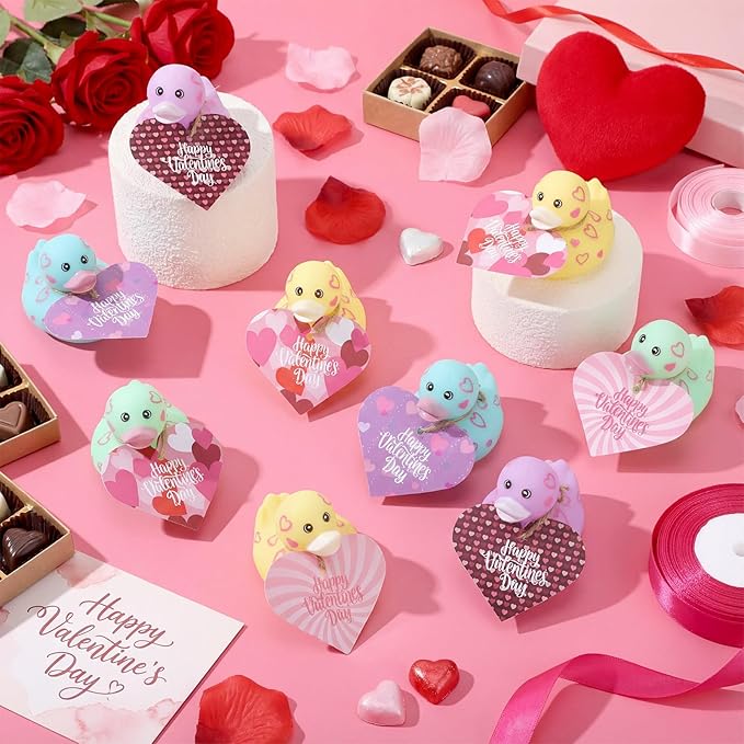 Jerify 48 Pcs 2 Inch Valentines Rubber Ducks Bulk with Gift Cards Mini Heart Rubber Duckies Bath Toys Valentine's Day Gift for Kids Classroom Favors Prizes Exchange (Macarons)