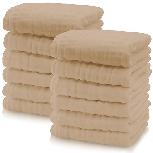 Cute Castle 12 Pack Muslin Baby Washcloths - Large 12'' by 12'' - Ultra Soft 100% Cotton - Super Absorbent Burp Cloths for Unisex, Boy, Girl -Brown