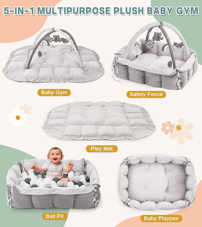 5-in-1 Baby Play Gym and Tummy Time Mat, 12 Learning Cards, Plush Activity Mat with 6 Toys, Baby Gym, Convertible to Ball Pit, Baby Gift, Grey