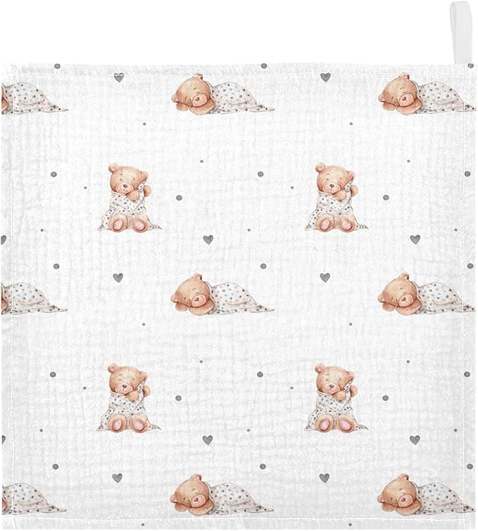 vvfelixl Baby Washcloths Cotton Cute Sleeping Teddy Bears Baby Muslin Washcloths Soft Baby Face Towel for Newborn Infants Baby Wipes, 11.8 X 11.8 inch, one sizex3