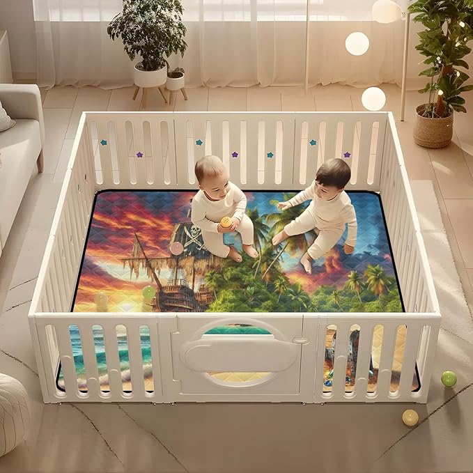 Tropic Pirate Ship Baby Play Mat for Floor, 50 x 50 Inch Soft Crawling Mat for Playpen, Waterproof Foldable Foam Baby Play Mats for Infants, Babies, Toddlers