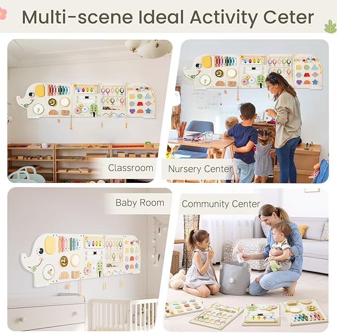 Elephant Activity Wall Busy Board Panels,Wooden Montessori Learning Activity Center Sensory Toys Wooden Sensory Wall Panel for Kids Ideal Furniture for Playroom Daycare Dentist Waiting Room Nursery