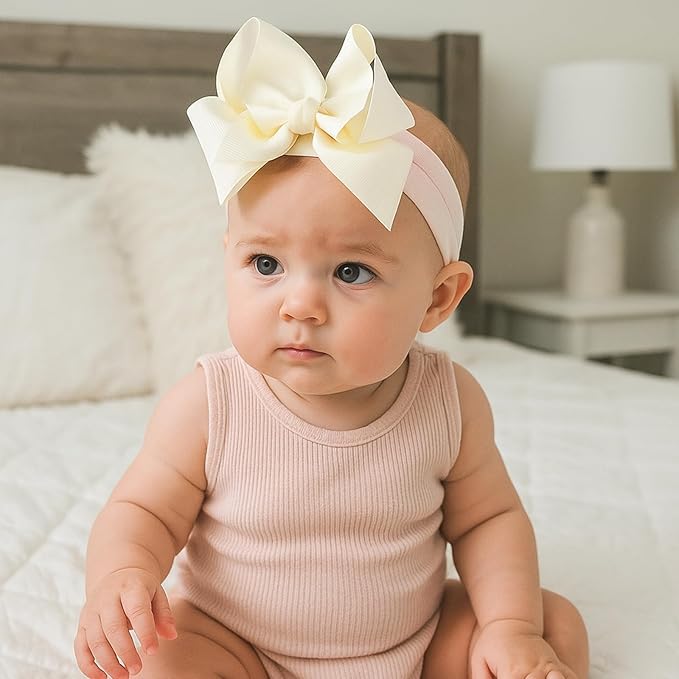 Tucnoeu 3pcs Baby Girl Headbands with Bows - Soft Stretchy Newborn Bows for Girls, Infant Toddler Hair Accessories (White, Ivory, Pink)