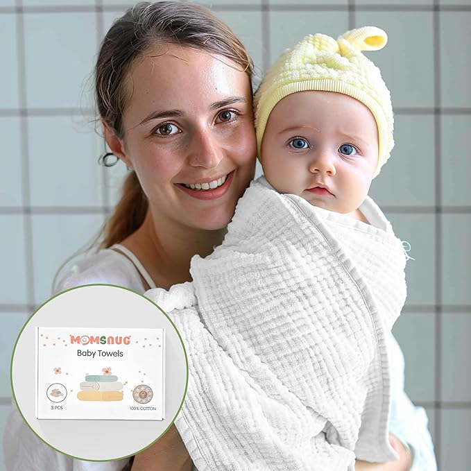 Momsnug Hooded Baby Towels, 3 Pack Muslin Cotton Baby Towel Set, Super Soft and Absorbent Bath Towel for Babies, Infant, Toddler and Kids, Newborn Essential (35 X 35 Inch) (White + Pink + Yellow)
