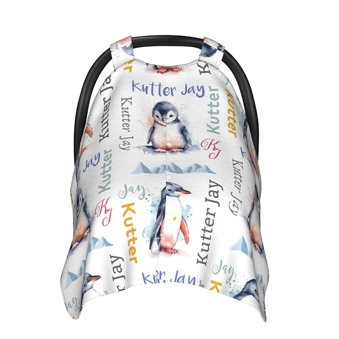 Personalized Winter Carseat Cover for Baby Custom Name Car Seat Canopy for Newborn Baby Boys Girls 2 in 1 Mom Nursing Breastfeeding Covers Penguin Minky Baby Carrier Stroller Covers