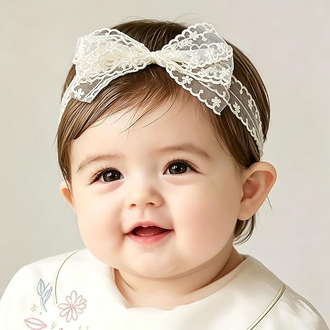 Baby Girls Bow Lace Headband Cute Soft Hairband White Butterfly Knot Headbands for Newborn Infants Toddlers Kids Christening Baptism Birthday Party Hair Accessories（Beige）