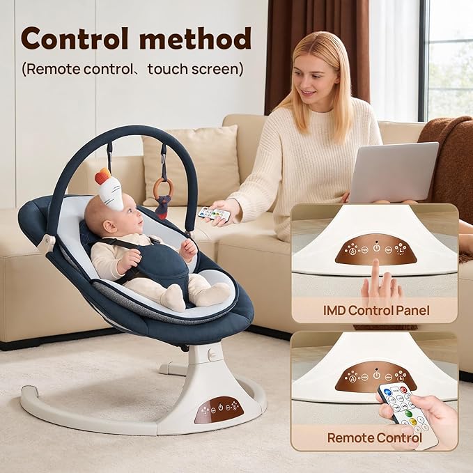Baby Swings for Infants to Toddler, Electric Baby Swing with Remote, 5 Speeds, Bluetooth & Safety Lock, Portable Baby Swing for Indoor and Outdoor (Dark Blue)