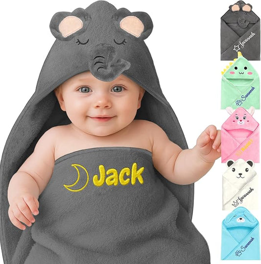 Personalized Baby Towels Hooded with Name, Custom Toddler Coral Velvet Fleece Bath Towel with Hood for Girl Boy, Customized Newborn Gifts - Embroidered (Grey Elephant)