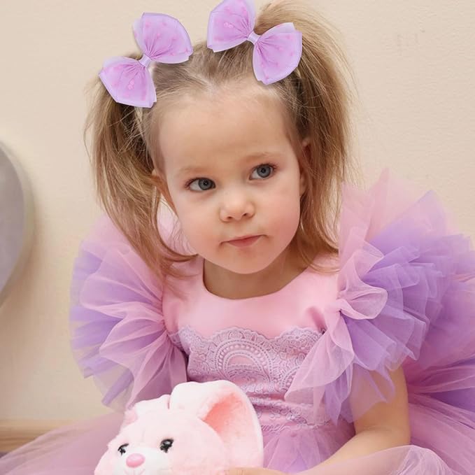 Tiny 3 Inch Dot Organza Double Hair Bow Clips - Cute Lined Boutique Alligator Hairpin for Girls, Toddlers, and Little Teens - Kids Barrettes Set of 2 Small Stylish (Purple)