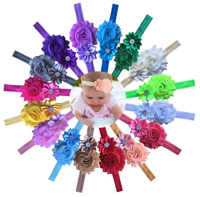 QandSweet Baby Girl Headbands with Polygonal Flower Inlay Rhinestone for Photography (16 Pack)