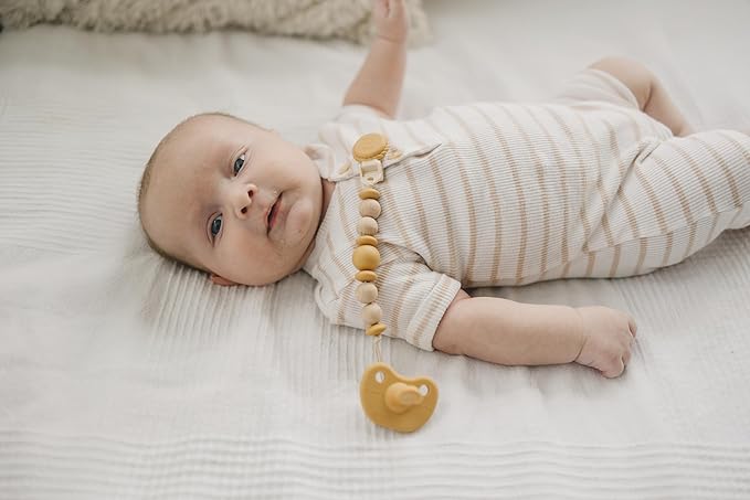 Silicone Pacifier Clip – Metal-Free, Rust-Free, 100% Food-Grade Silicone and Natural Beech Wood, Secure Pacifier Holder for Babies – Sun - Mila & Lulu
