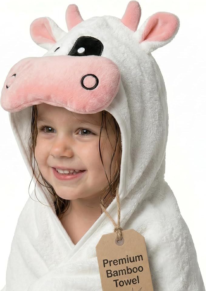 POCASOPA Hooded Towel with Cute Cow Vaquita Design - Rayon Made from Bamboo - Premium Baby Gift - Ultra Soft, Absorbent & Hypoallergenic - Large 35x35” Organic Towel for Newborns, Toddlers & Kids
