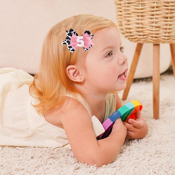 Birthday Hair Bow for Baby Girls - 2Pc Pink Sprinkle Hair Clips for 2nd Birthday Glitter Ice Cream Baby Bow Party Decorations for Girls Toddlers Hair Accessories (Cow Print -5 Years)