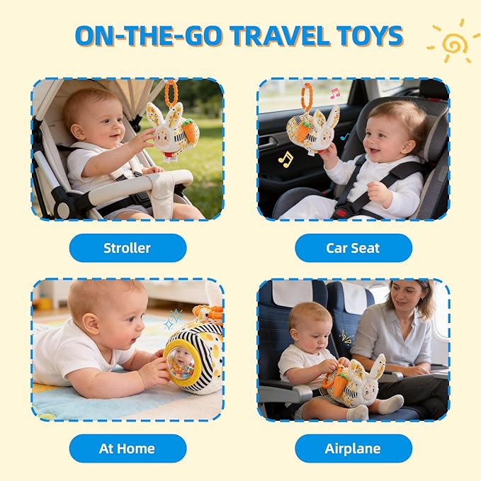 Hanging Bunny Baby Toy Cube for Car Seat, Infant Sensory Toys 0 6 12 Months for Plane Travel Game Activity with Rattle Crinkle Squeaky Textures, Montessori Plush Toys Newborn Baby Girl Boy Gifts