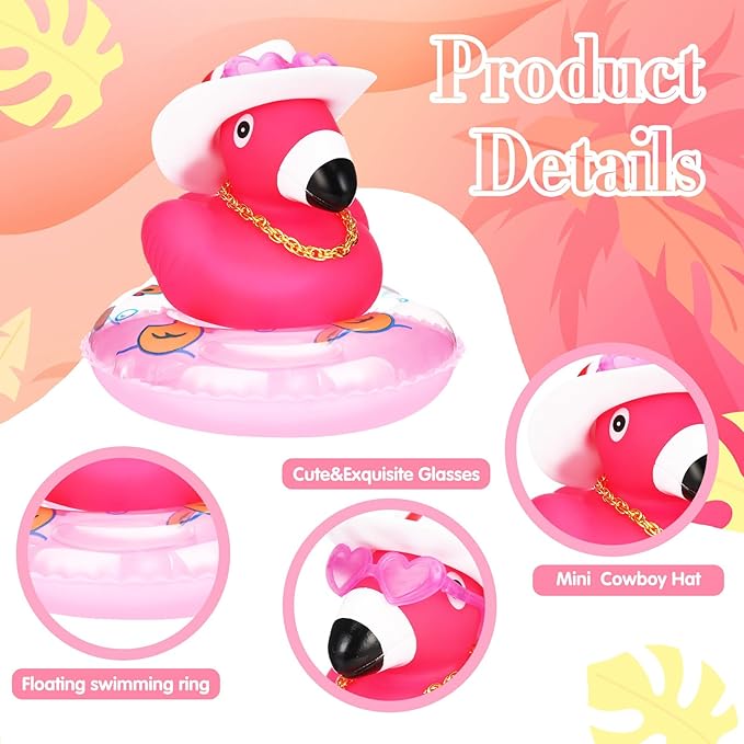 Sotiff Rubber Flamingo Pink Flamingo Rubber Ducks Squeaky Mini Ducks with Mini Hats Swim Ring Gold Chain and Sunglasses for Car Decor Summer Birthday Swimming Party Gift Favor
