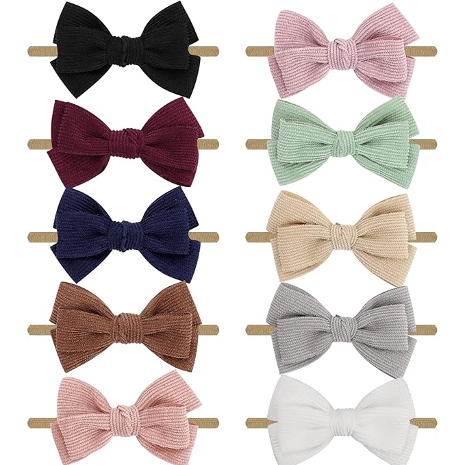 DRESHOW BQUBO Baby Girl Headbands with Bows Nylon Hairbands Handmade Hair Accessories for Newborn Infant Toddlers 10 Pack
