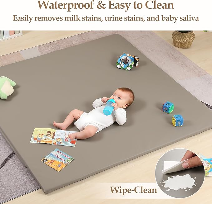 MOMCAYWEX 50"x50" Premium Baby Play Mat, Memory Foam with Wipe-Clean Leather Cover, Non-Slip & Machine Washable Floor Mat for Tummy Time, Crawling and Family Bonding Time, Grey