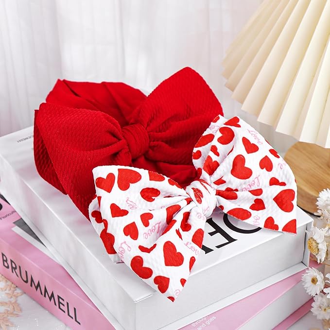 Valentines Baby Bow Headbands for Girls Waffle Tied Bow Hairbands Handmade Cute Red Love Heart Head Wraps Hair Accessories for Infant Toddler Kid 2Pcs