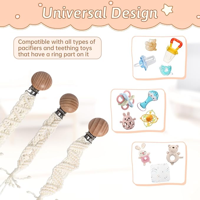 Boho Pacifier Clip for Boys Girls Pacifier Holder Leash Wooden Clips Handmade Braided Cotton Unisex Baby Shower Birthday Gift Christmas Gift (Pattern 6)